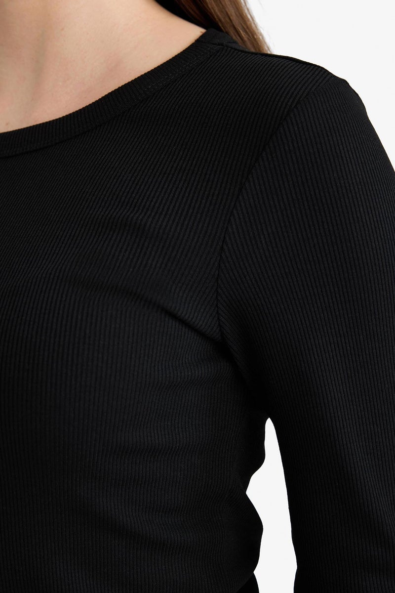 DeFacto Black Woman Slim Fit Basic Ribbed Long Sleeve T-Shirt Casual - Image 3